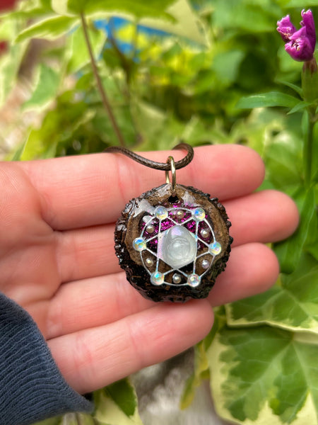 aura quartz metatrons cube walnut pendant