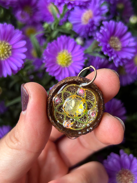 yellow aura quartz seed of life acorn pendant