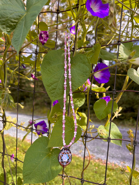 pink beaded holographic walnut pendant