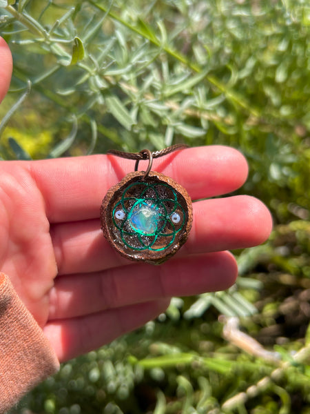 turquoise seed of life with fluorite chunk