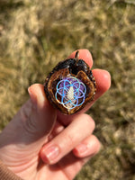 purple petal seed of life walnut pendant with quartz chunk