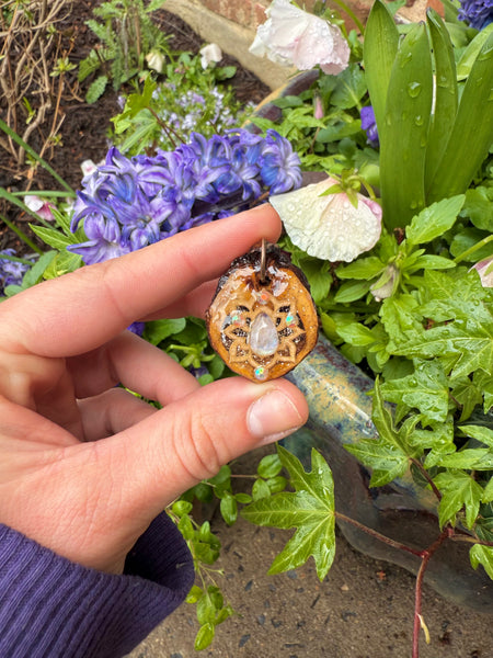 pixie sacred flower moonstone walnut pendant