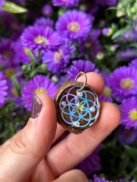 holographic seed of life acorn pendant